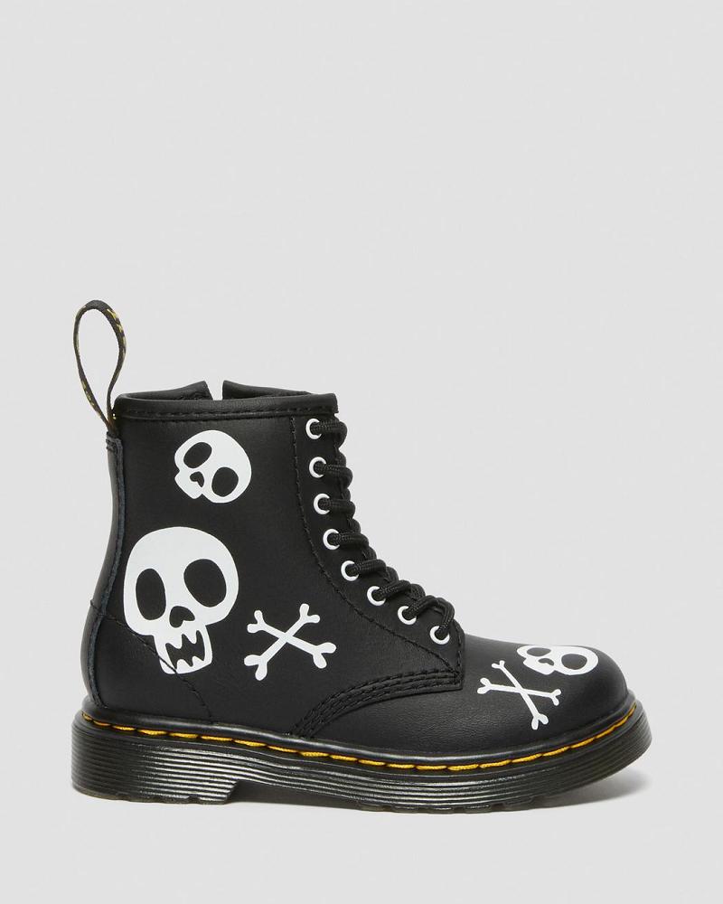 Dr Martens Toddler 1460 Skull & Bones Leren Veterlaarzen Kinderen Zwart Wit | NL 120VRW